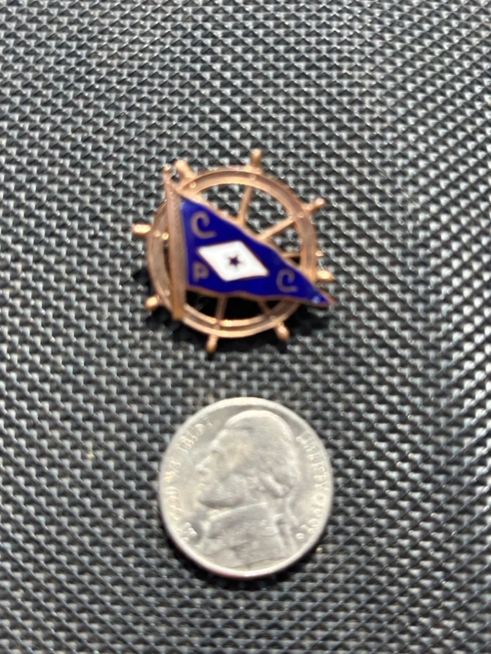 Vintage Nautical Ship Wheel Brooch Gold Tone CPC Yacht Club Burgee Pin